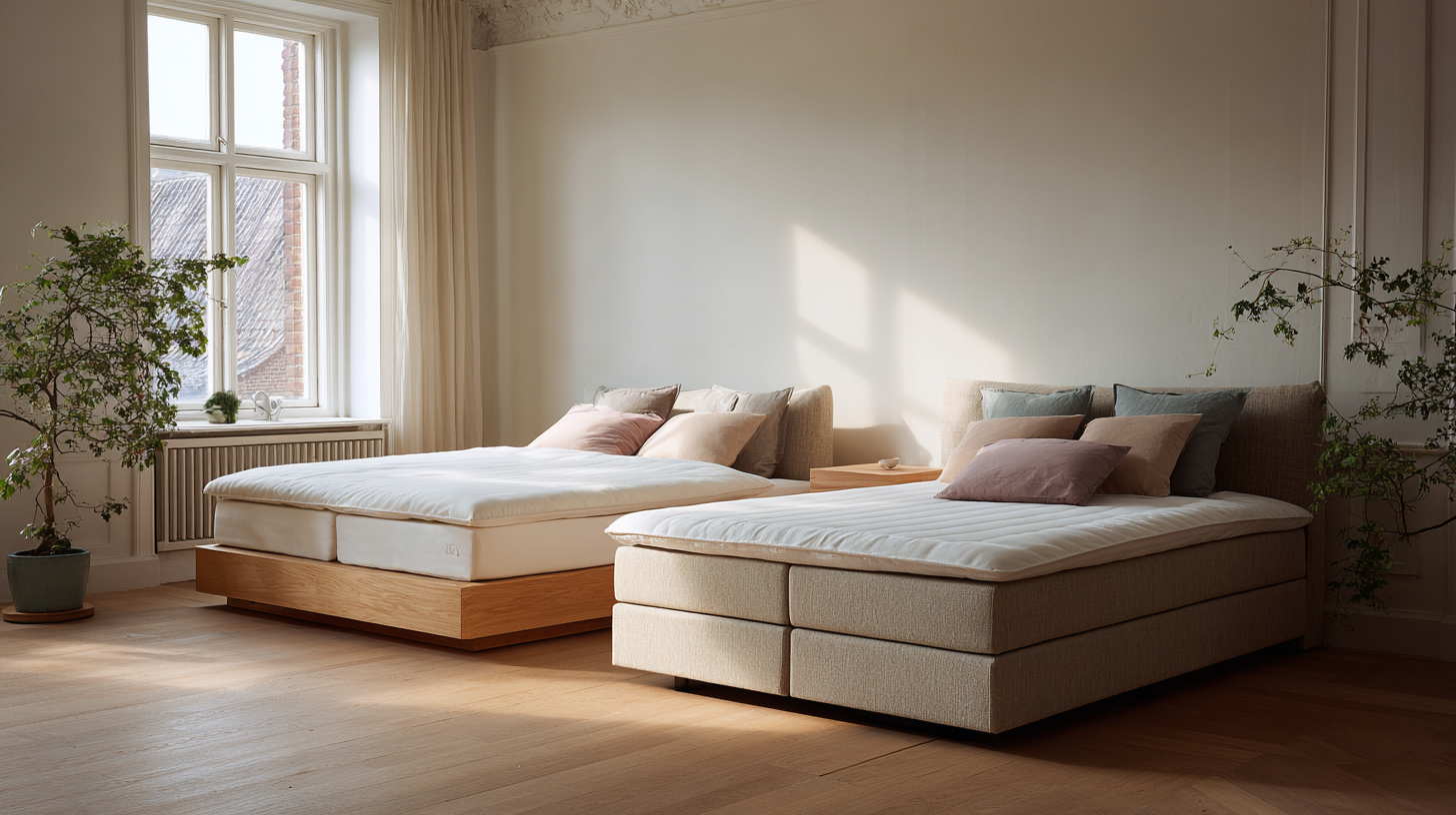 Boxspringbed en klassiek bed met lattenbodem naast elkaar in de Slaapnerds-showroom