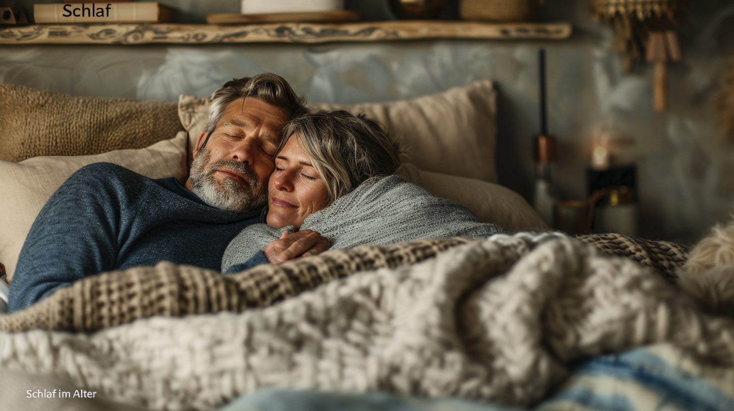 Ouder stel slaapt rustig in een gezellig bed met warm licht