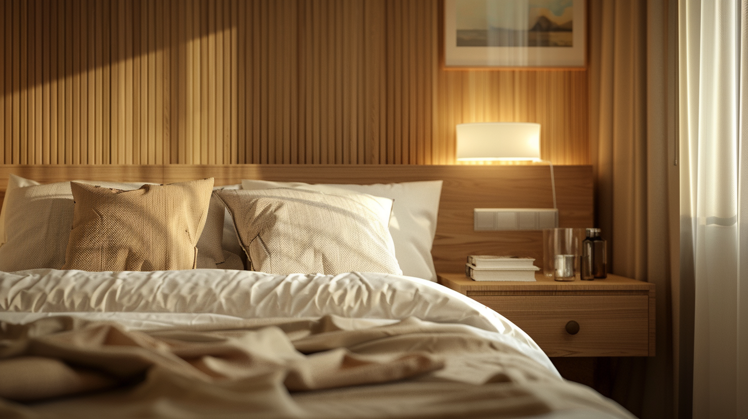 Gezellige slaapkamer met warm licht en opgeruimd nachtkastje